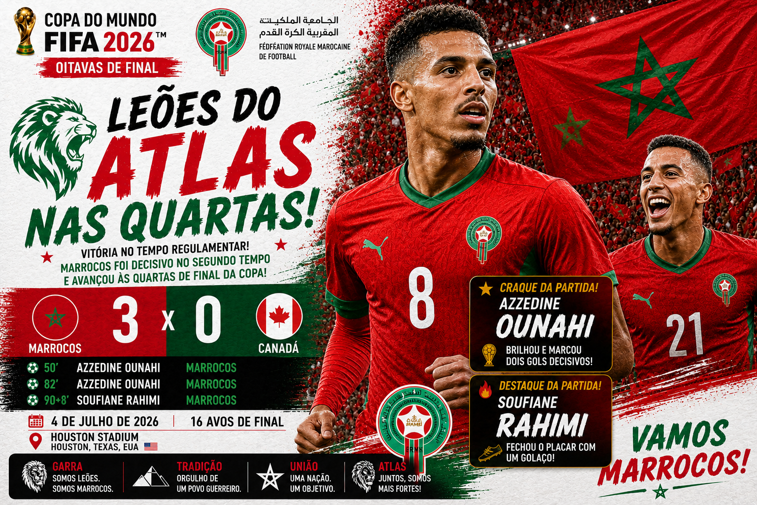 Marrocos vence o Canadá por 3 a 0 em Houston, elimina o país-sede e vai às quartas contra a França